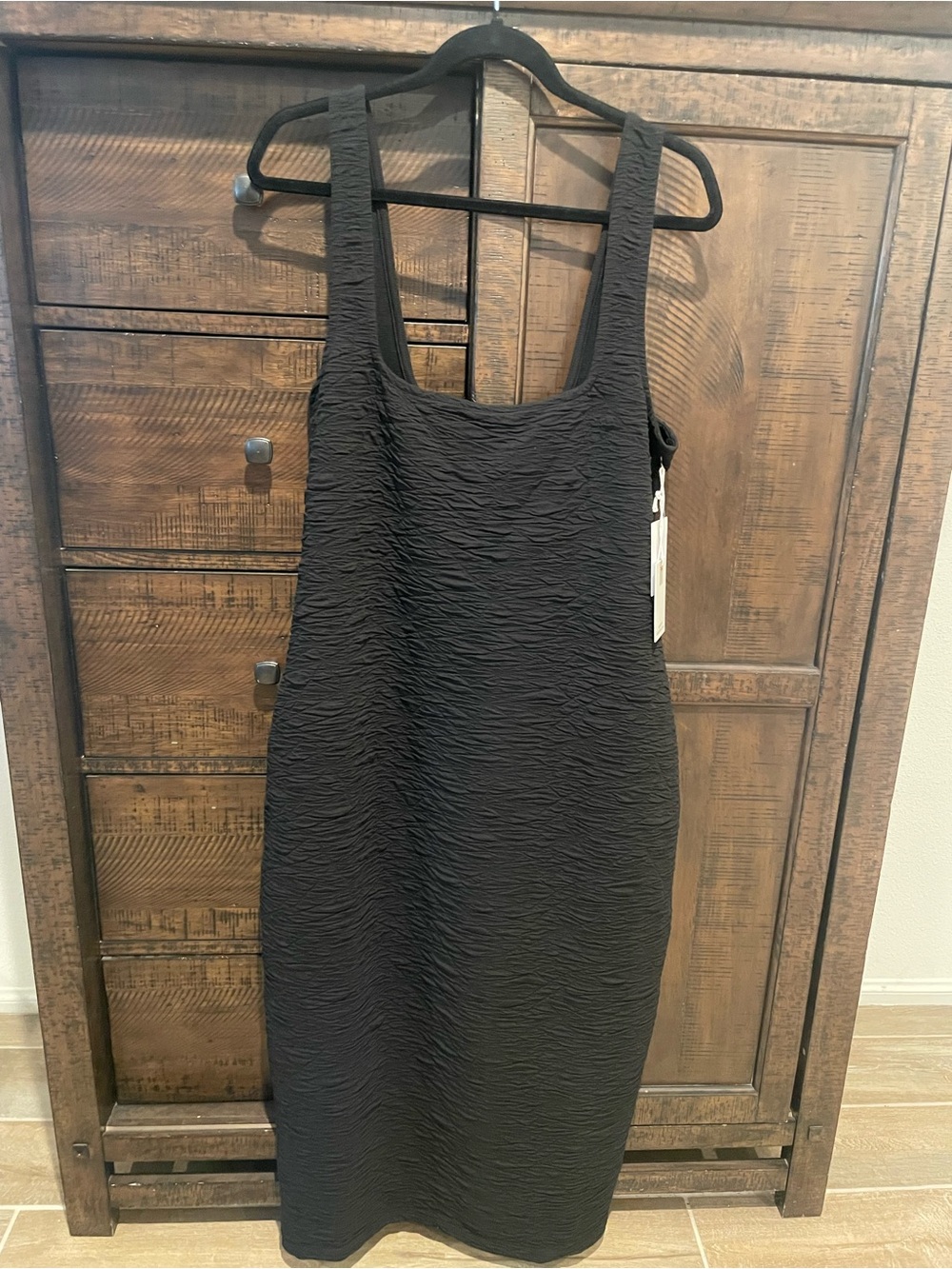 Good American Black Textured Square Neck Tank Dress